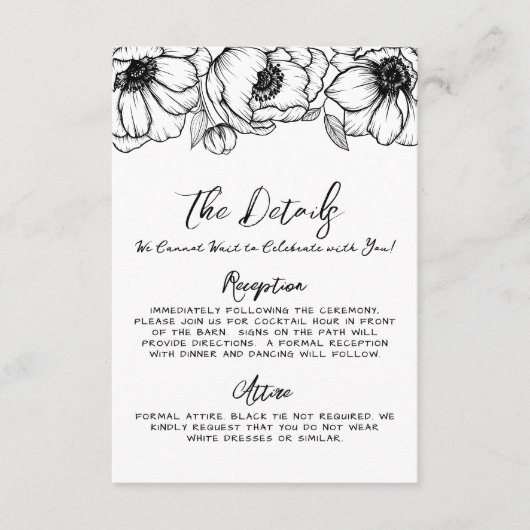 Hand getrokken grillige bloemen bruiloft details informatiekaartje (Voorkant)