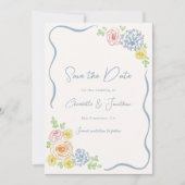 Hand getrokken grillige bloemenpastel bruiloft save the date (Voorkant)