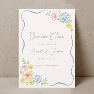 Hand getrokken grillige bloemenpastel bruiloft save the date
