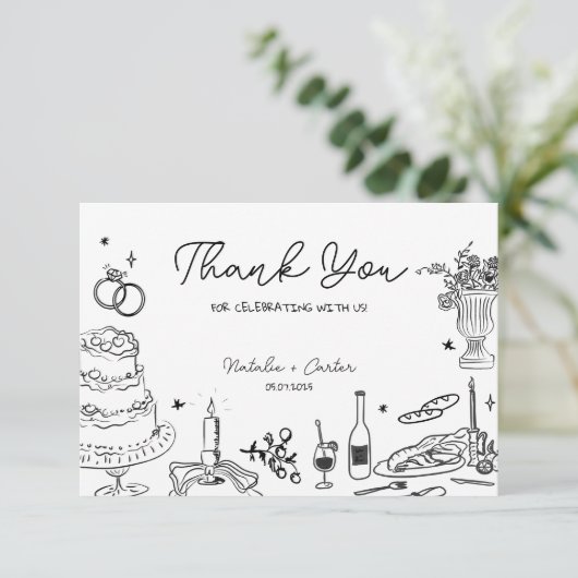 Hand getrokken grillige bruiloft Dank u Informatiekaartje (Staand voorkant)
