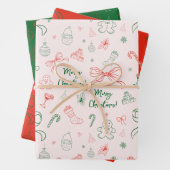 Hand getrokken grillige Franse Coquette Bow Kerstm Inpakpapier Vel (In situ)