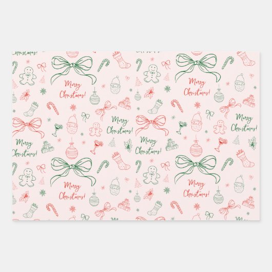 Hand getrokken grillige Franse Coquette Bow Kerstm Inpakpapier Vel (Voorkant)