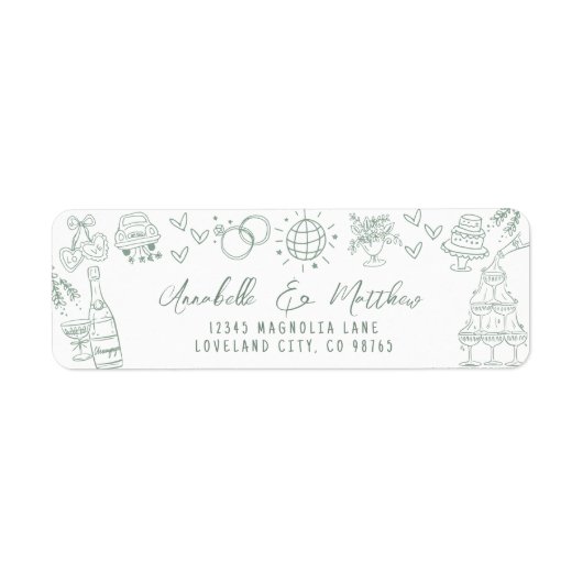 Hand getrokken grillige groene bruiloft retour adr etiket (Voorkant)
