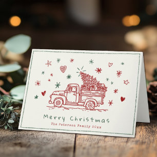 Hand getrokken grillige retro kerst truck feestdagen kaart