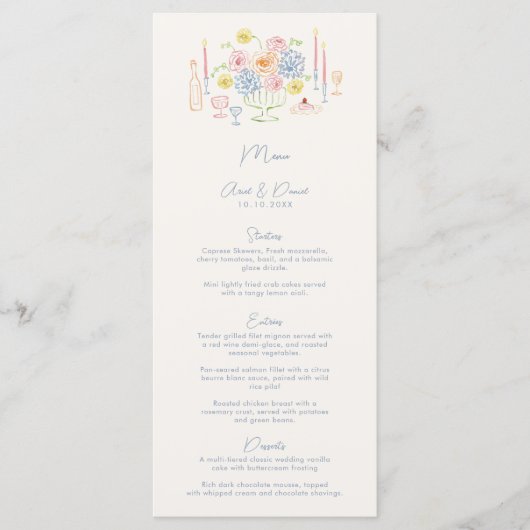 Hand getrokken grillige tafelblad pastel bruiloft menu (Voorkant)
