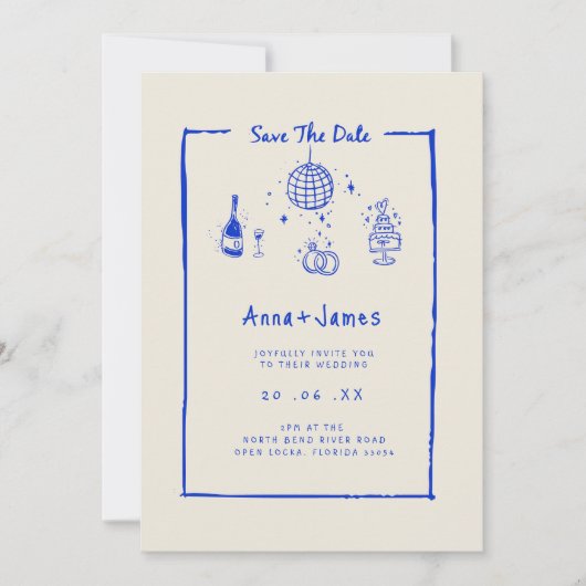 Hand getrokken grillige trendy blauwe funky bruilo kaart (Voorkant)