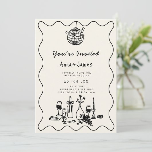 Hand getrokken grillige trendy funky bruiloft kaart (Staand voorkant)