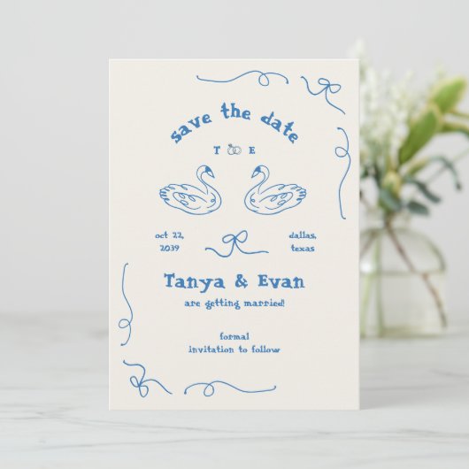 Hand getrokken grillige Zwaan Monogram Doodle Wedd Save The Date (Staand voorkant)