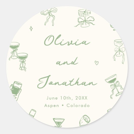 Hand getrokken groene bruiloft ronde sticker (Voorkant)