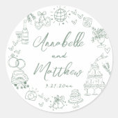 Hand getrokken groene grillige bruiloft ronde sticker (Voorkant)