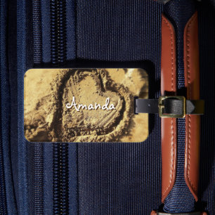 Hand getrokken hart in zand foto aangepaste naam s bagagelabel