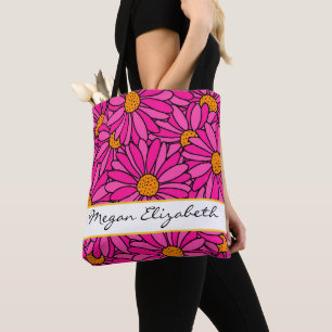 Hand getrokken Heet Roze & Sinaasappel Daisy Patte Draagtas