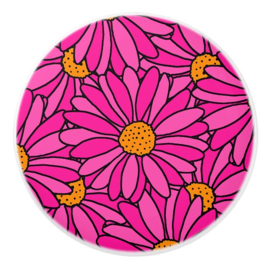 Hand getrokken Heet Roze & Sinaasappel Daisy Patte Keramische Knop (Voorkant)