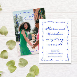 Hand getrokken Helder Blauw Foto Monogram Bruiloft Save The Date