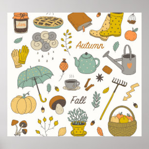 Hand getrokken Herfst: kleurrijke  set Poster