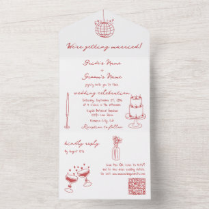 Hand getrokken illustraties Doodles Maroon bruilof All In One Uitnodiging