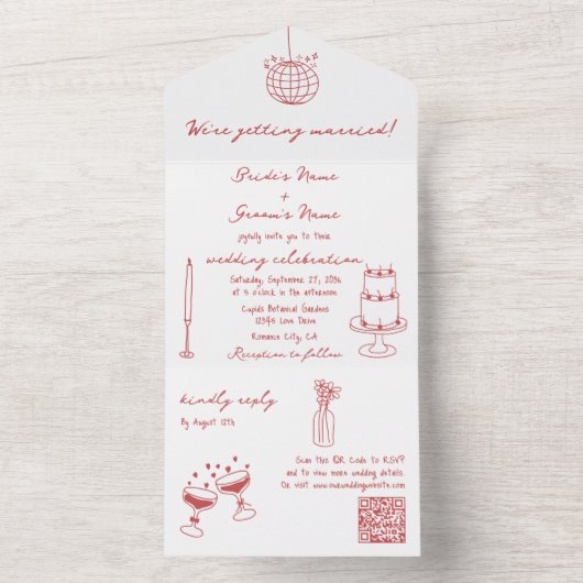 Hand getrokken illustraties Doodles Maroon bruilof All In One Uitnodiging (Binnen)