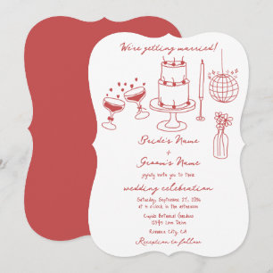 Hand getrokken illustraties Doodles Maroon bruilof Kaart