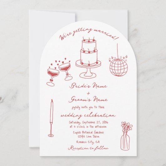 Hand getrokken illustraties Doodles Maroon bruilof Kaart (Voorkant)