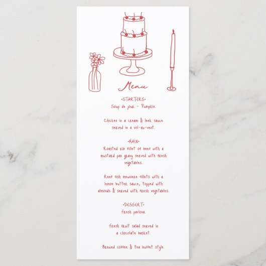 Hand getrokken illustraties Doodles Maroon bruilof Menu (Voorkant)
