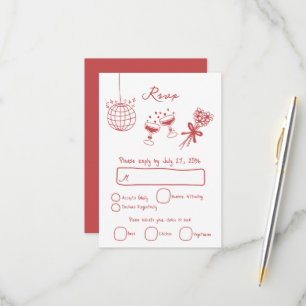 Hand getrokken illustraties Doodles Maroon bruilof RSVP Kaartje