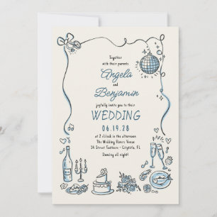 Hand getrokken illustraties grillige retro bruilof kaart