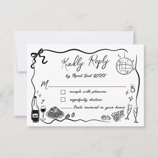 Hand getrokken illustraties Scribble Doodles bruil RSVP Kaartje (Voorkant)