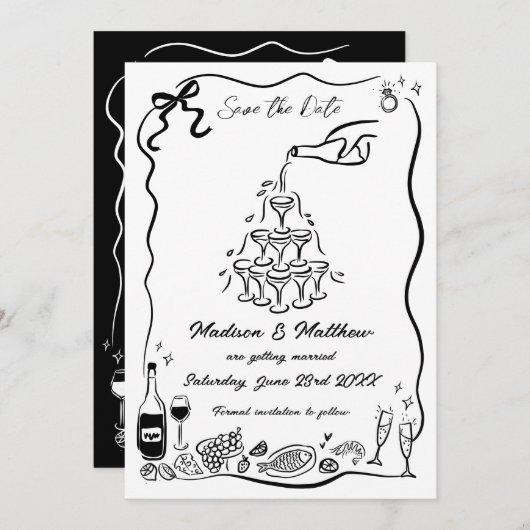 Hand getrokken illustraties Scribble Doodles bruil Save The Date (Voorkant / Achterkant)
