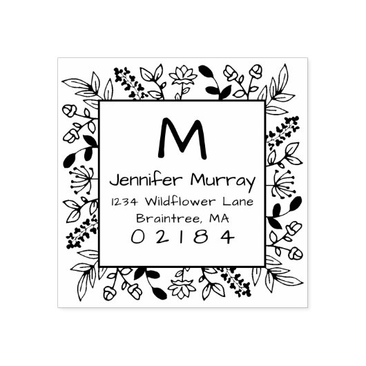 Hand getrokken ingelijst Floral retour adres Monog Rubberstempel (Afrduk)