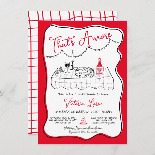 Hand getrokken Italiaanse Pizza Wijn Diner Feest Kaart (Voorkant / Achterkant)