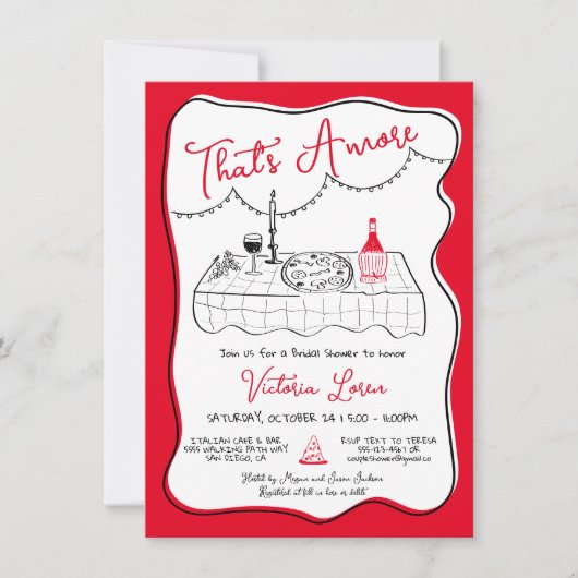 Hand getrokken Italiaanse Pizza Wijn Diner Feest Kaart (Voorkant)