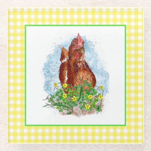 Hand getrokken Kip Kunst Glazen Onderzetter (Voorkant)