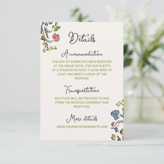 Hand getrokken kleurrijke bloemenbruiloft details informatiekaartje (Staand voorkant)