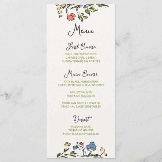 Hand getrokken kleurrijke bloemenbruiloft menu (Voorkant)