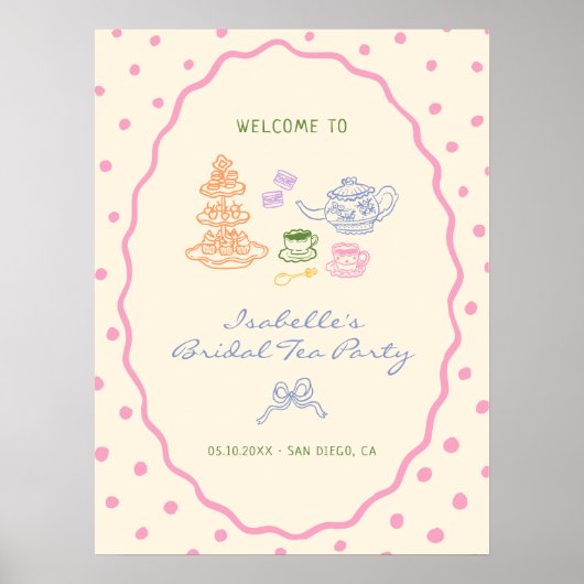 Hand getrokken Kleurrijke Bruids Tea Party Welkom Poster (Voorkant)