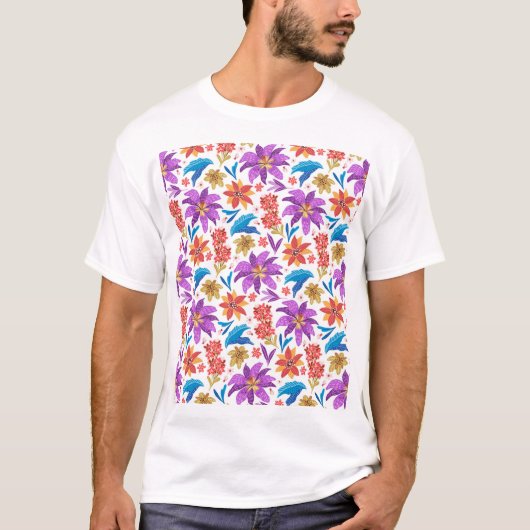 Hand getrokken kleurrijke exotische bloemenpatroon t-shirt (Voorkant)