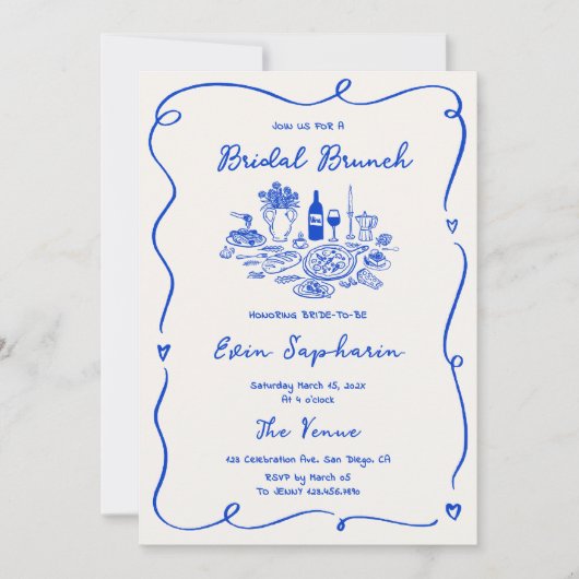 Hand getrokken kobalt blauw bruids brunch kaart (Voorkant)