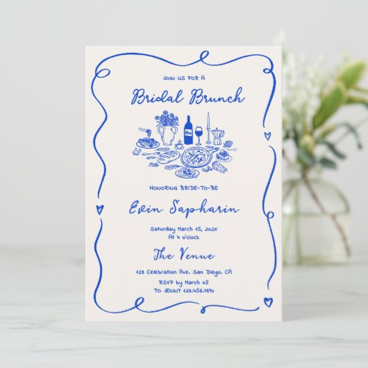 Hand getrokken kobalt blauw bruids brunch kaart (Staand voorkant)