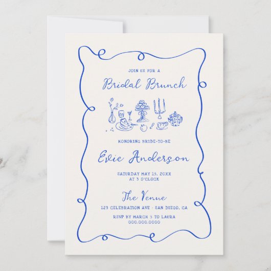 Hand getrokken kobalt blauw bruids brunch kaart (Voorkant)