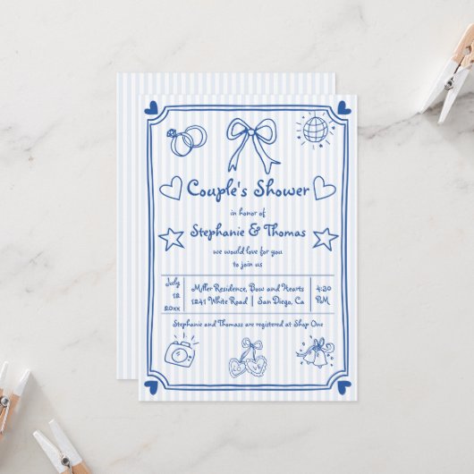 Hand getrokken krabbel blauwe strepen paar douche kaart (Voorkant / Achterkant in situ)