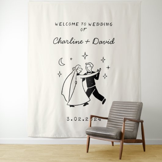 Hand getrokken krabbel bruiloft welkom wandkleed (In situ)