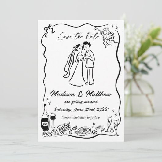 Hand Getrokken Krabbel Doodles Bruid & Bruidegom H Save The Date (Staand voorkant)