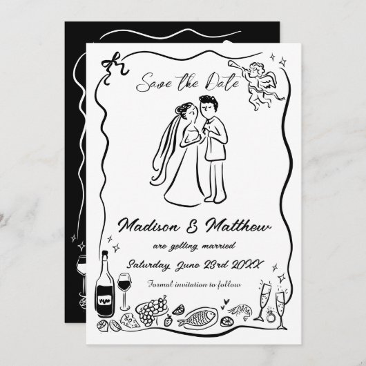 Hand Getrokken Krabbel Doodles Bruid & Bruidegom H Save The Date (Voorkant / Achterkant)