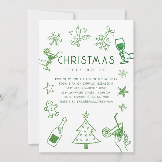 Hand getrokken krabbel groene glitter kerstfeest kaart (Voorkant)