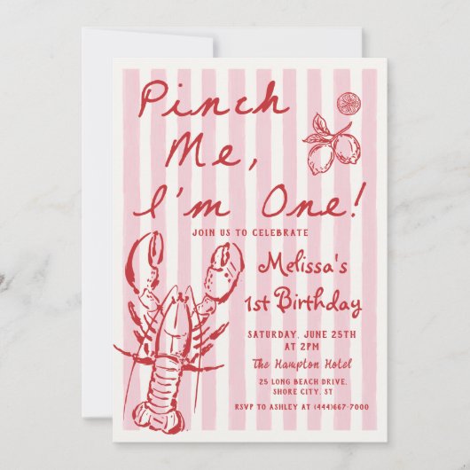 Hand getrokken kreeft 1e verjaardag uitnodiging (Voorkant)