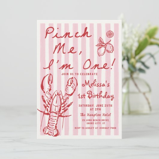 Hand getrokken kreeft 1e verjaardag uitnodiging (Staand voorkant)