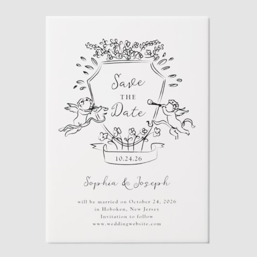 Hand getrokken kuif met cherubs | Save the date Vellum Uitnodigingen (Voorkant)