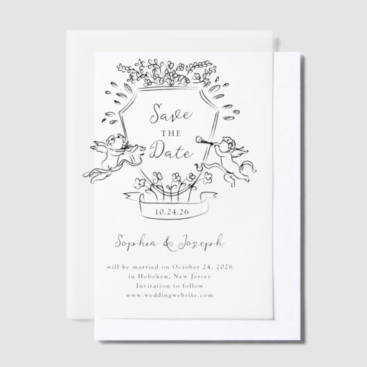 Hand getrokken kuif met cherubs | Save the date Vellum Uitnodigingen (Offset)