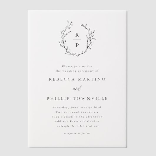 Hand getrokken Laurel Krans Monogram Huwelijk Vellum Uitnodigingen (Voorkant)