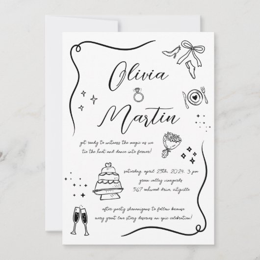 Hand getrokken Leuk Doodle Zwart en Wit Bruiloft Kaart (Voorkant)